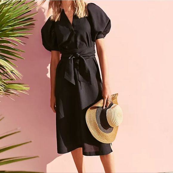 Ann Taylor Dresses & Skirts - Ann Taylor Medium Black Linen blend Belted Midi Shirtdress Puff Sleeves